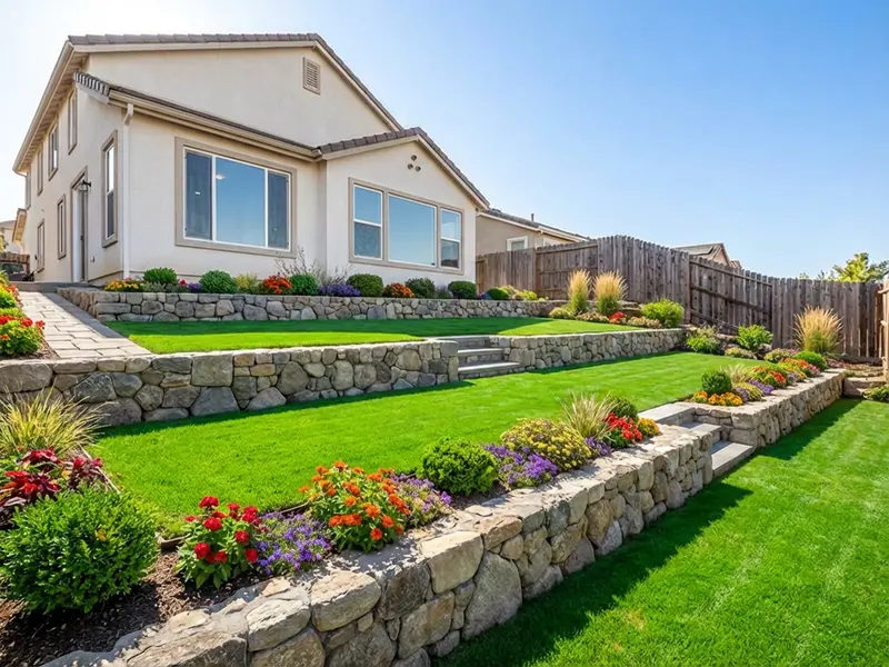 Completed retaining wall with leveled backyard by Rosales Landscaping